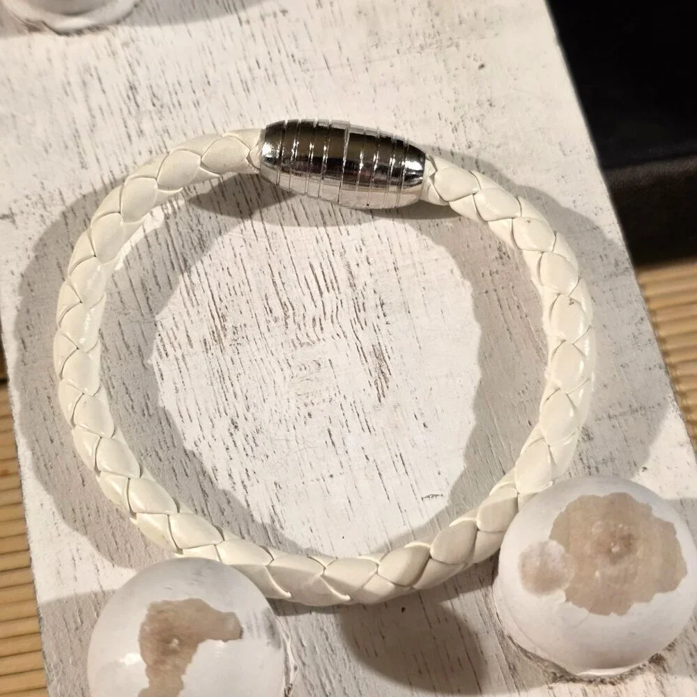 Braided Thick White Vegan Leather Magnetic Clasp Bangle Bracelet